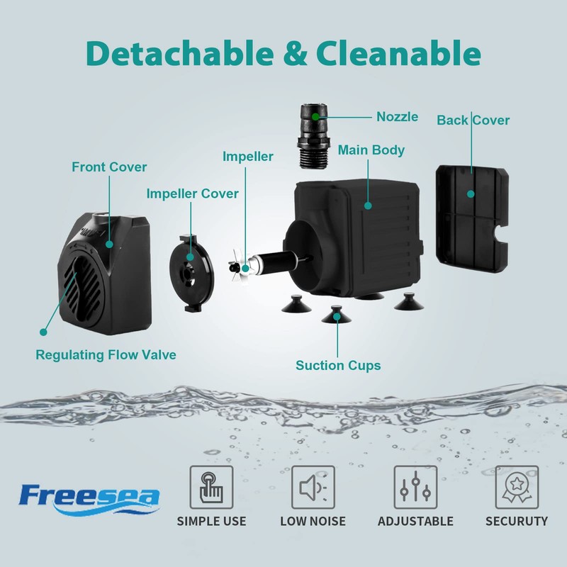 FREESEA Aquarium Submersible Fountain Pump: 30W 550GPH Adjustable Quiet Water
