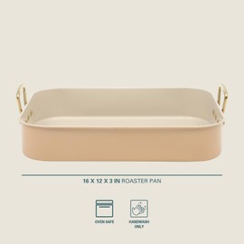 Gibson Home Broxton 2-Piece Nonstick Roaster Pan with Rack – 16 x 12 Inch Apricot Turkey Roasting Pan with Cast Aluminum Gold Handles – Oven-Safe, Easy-Clean, Holiday Cookware