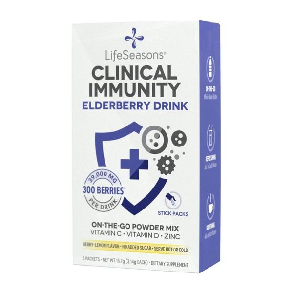 LifeSeasons Clinical Immunity - Elderberry Drink Mix - Protects & Fights for Healthy Immune Response - Immunity Booster - 3X Better Than Vitamin C - Serve Hot or Cold - Vitamin C + D + Zinc - (5 Pack)