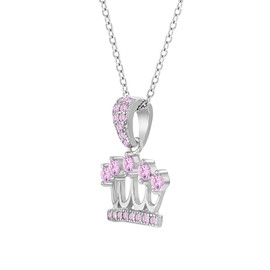 925 Sterling Silver 16" Pink Cubic Zirconia Little Crown Pendant Necklace for Young Girls & Pre-Teens - Fashionable Princess CZ Tiara Pendant with Link Chain Necklace