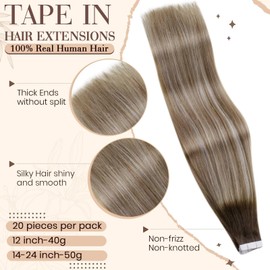 Hetto Tape in Hair Extensions Human Hair Tapes in Extension Balayage Tape ins Human Hair Extensions Brown to Medium Brown mixed Blonde 3/8/22 40g 12Inch 20pcs
