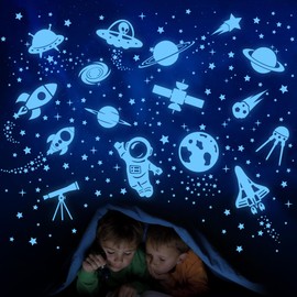 Glow in The Dark Stars Ceiling Space Wall Decals Glow in The Dark Astronaut Universe Galaxy Planet Wall Stickers Glowing Stars for Bedroom Living Room Decor