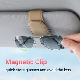 KanSmart Sunglass Holder for Car Visor Sunglasses Clip Magnetic Leather Glasses Eyeglass Holder Truck Car Interior Accessories Universal for Woman Man -Beige