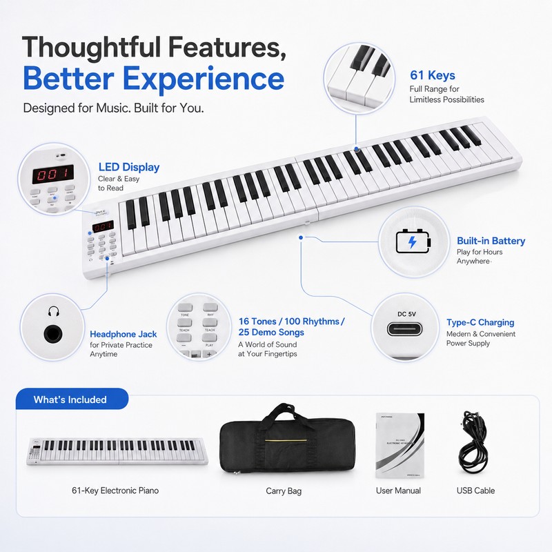61-Key Foldable Piano Keyboard for Beginners – Portable Electronic Keyboard