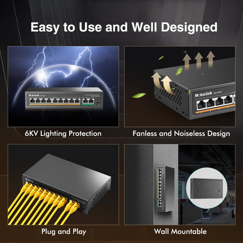 MokerLink 11 Port Switch: 9 PoE+ Ports, 2 Fast Ethernet
