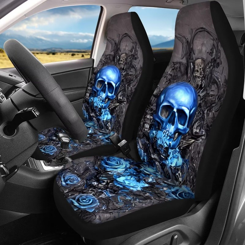Modysero Blue Skull Rose Car Front Rear Seat Covers Car