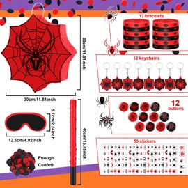 Leyndo 89 Pcs Spider Party Favors for Birthday, Includes Spider Piñata with Blindfold and Stick, 11.8"x11.8", 12 Keychains, 12 Wristbands, 12 Badges, 50 Stickers for Spider Birthday Party Decor