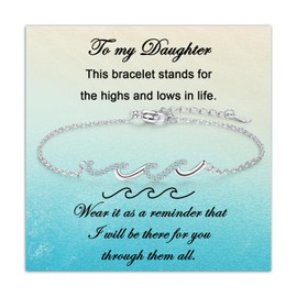 ilasif Sterling Silver Wave Bracelet for Women Girls, Adjustable Bracelet with Blue Cubic Zirconia, Inspirational Jewelry Gifts for Mum Daughter Friends Wife Birthday Christmas (To My Daughter)