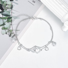 Shusukue Infinity Heart Bracelet 925 Sterling Silver Double Layered Beaded Bracelet Adjustable Hand Chain Summer Beach Holiday Jewelry for Women 7-9”