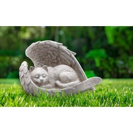 Napco Sleeping Cat Within Angel Wings 8.5 x 5.5 Resin Stone Pet Memorial Figurine, Concrete Grey