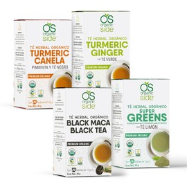 Organic Side - Pack de 4 Té Orgánico Colección Bienestar 80 Bolsitas, Incluye Té Negro con Cúrcuma, Té Verde con Jengibre, Mezcla Super Greens con Moringa y Té Negro con Maca Negra, Certificado USDA