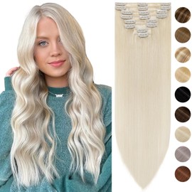 Silk-co Real Hair Clip-In Extensions, 8 Wefts, 18 Clips, 60 g, Blonde Hair Extensions, Remy Real Hair Clip-In Extensions, 60# Platinum Blonde, 35 cm