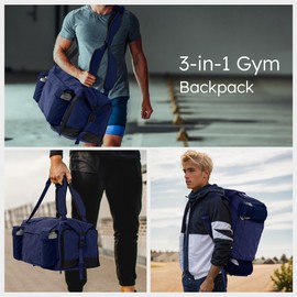 Kookoomia Gym Bag for Men with 2 Upgraded Bottle Holders Convertible Duffle Bag and Gym Backpack Waterproof Sports Bags with Shoes Compartment and Wet Pocket - Dark Blue
