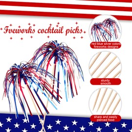 100 Pack 4th of July Cocktail Picks, 6 Inch Patriotic Firework Picks, Red Silver Blue Foil Frill Toothpicks Food Fruit Drink Sticks for Fourth of July Party Supplies Patriotic Decorations