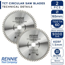 (PACK OF 2) 165mm x 20mm Bore x 60T TCT Cordless Circular Wood Saw Blades. Fits Bosch Makita Ryobi Dewalt DC390, DWE007, DCS391, DC391N Circular Saws etc, Thin Kerf