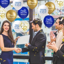 40pcs Happy Work Anniversary Decorations Balloons Blue Gold Happy Workiversary Thank You We Appreciate You Balloons Work Anniversary Decorations for Office Employee Appreciation Gifts for Worker