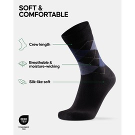 DANISH ENDURANCE 6 Pack Bamboo Viscose Dress Socks, Premium Soft, Breathable, for Men & Women, Multicolor (3x Black, 3x Argyle Blue), Large