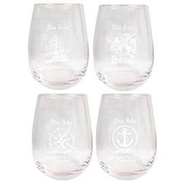 R and R Imports Dos Boka Curaçao Souvenir 9 Ounce Laser Engraved Stemless Wine Glass Nautical Designs 4-Pack