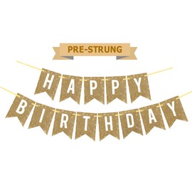 Pre-Strung Gold Happy Birthday Banner Decorations,12 ft No DIY Gold Glitter Birthday Party Banner Sign Decor for Women Men Girl Boy Party Supplies