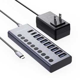 ACASIS 10 Ports 60W USB C 3.2 Hub, 10Gpbs Data Transfer, 20V/3A Power Adapter, Individual On/Off Switches, Aluminum Housing, USB Splitter for PC, Computer, Laptop, Mobile HDD, Flash Drive