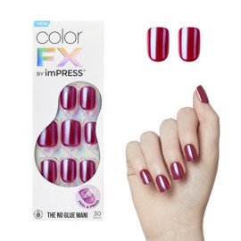 KISS imPRESS No Glue Mani Press On Nails, Color FX, 'This City', Dark Red, Short Size, Squoval Shape, Includes 30 Nails, Prep Pad, Instructions Sheet, 1 Manicure Stick, 1 Mini File