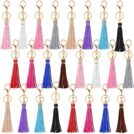 Hicarer 24 Pieces Leather Tassels Keychain Key Rings Circle PU Leather Women Tassel Keychain Bulk Lanyard Key Chain Holder with Lobster