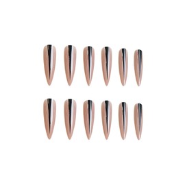 SINHOT Stiletto Press on Nails Long - Black Simple Line Fake Nails Glossy Glue on Nails Acrylic Nail Supplies Almond Artificial Nail Art Nude Natural Stick on False Nail with Design DIY 24 pcs
