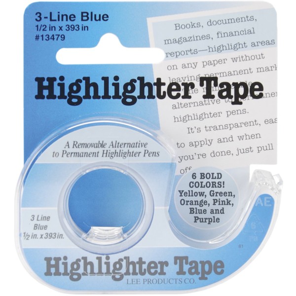 Lee 3-Line Removable Wide Highlighter Note Tape, 1/2 X 393 in, Blue