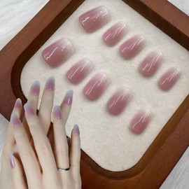 Duotaoii Short Press On Nails Coffin Fake Nails Handmade False Nails Gradient Pink to White Nail Charms designs, French Tip Acrylic Nail Kit Gel Nails, Reusable Stick on Nails for Women 10pcs S