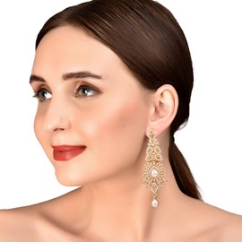 Touchstone "Hollywood Glamour Oscar Collection" Extra Long Chandelier Earrings Indian Attractive Paisley Motif Filigree Faux Pearls Designer Bridal Jewelry In Antique Gold Tone For Women.