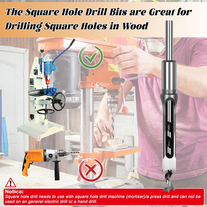 Square Hole Drill Wood, 8 Pieces Woodworking Drill Bit 6/6.4/8/9.5/11/12.7/14/16
