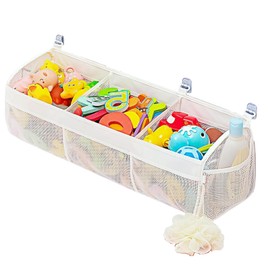 XNBTFK Bath Toy Storage Net with 6 Hooks, White Hanging Toy Storage Bag for Bathroom Organization, Breathable Mesh for Fast Drying and Ventilation, Ideal for Family Bathroom Use