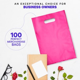 Plastic Shopping Bag with Die Cut Handle Bag 16" x 18" Pink Plastic Merchandise Bags with Handle 100 Pack for Retail, Heavy Duty Bulk Bags