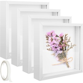 4 Pack 8 x 8in Shadow Box Picture Frame 3D Frames Shadow Box Square Acrylic Shadow Boxes Display Cases with Adhesive Tape for Baby Items Wedding Memories Crafts Awards Medals Tickets and Photos(White)