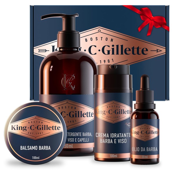 King C Gillette Complete Gift Kit for Men's Beard Care, Cleanser, Conditioner, Oil and Moisturizing Cream for Beard and Face, Blue, Gift Idea