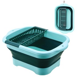 2.9 Gal(11L) Collapsible Dish Basin, Foldable Dish Tub & Dishpan for Kitchen Sink with Drain Plug, Outdoor Portable Wash Basin for Vegetable Washing, Camping, RV (Green)