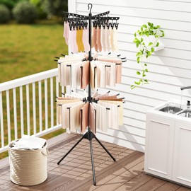Tangkula 3-Tier Portable and Foldable Drying Rack, 70"H Freestanding Towel Rack with 32 Rods, 24 Clips, Detachable Top Hanger, 360° Rotatable Tripod Laundry Stand for Indoor, Poolside, RV Trip (Black)