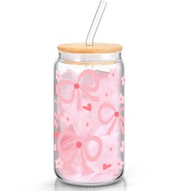 Hoolerry Coquette Flower Bow Aesthetic Cup, 16 oz Dainty Pink Glass Cup with Lid and Straw, Vintage Bows Coquette Inspired Aesthetic Drinking Jar for Women Valentine's Day Birthday Gift