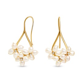 LILY LUSTRE 14k Gold Plated Handpicked AAAA Quality Natural White Freshwater Cultured Pearl Earrings, Triple Pearl Flower Design Petite Cz Accents Drop Dangle Fishhook Earrings for Women, Yellow Gold