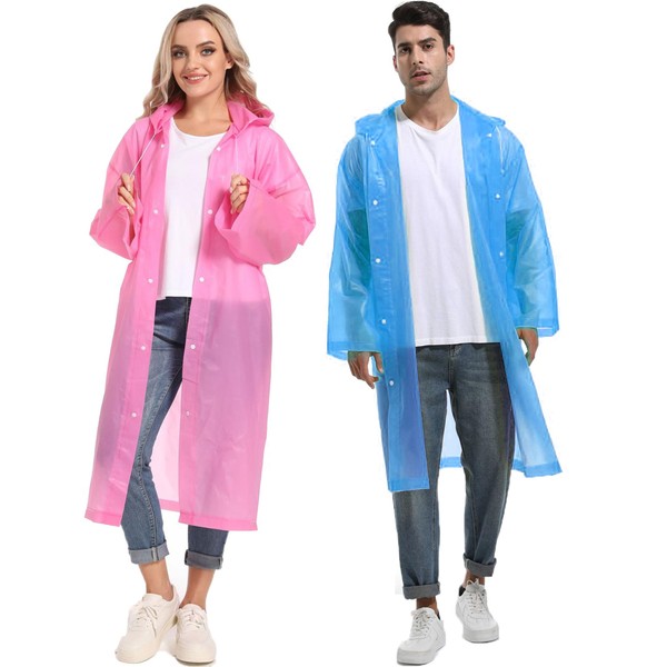 Borogo Rain Ponchos for Adults Reusable 2Pcs Raincoats Emergency Survival With Hoods And Sleeves for Women Men Pink&Blue