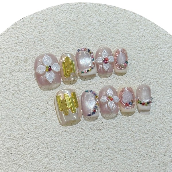Short Square Press on Nails 3D Flower False Nails with