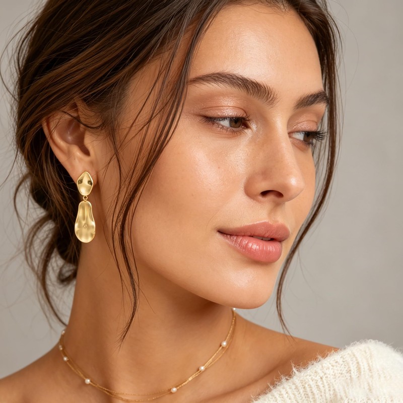 YUJIE Lightweight Gold Hammered Teardrop Dangle Earrings for Women 14K