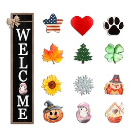 Surfapans Interchangeable Welcome Sign for Front Porch Standing 45"X9" Large with 12 Pcs Replaceable Icons Outdoor Decorations Frame Tall Vertical Outside Farmhouse Rustic Door Decor (Wood Black)
