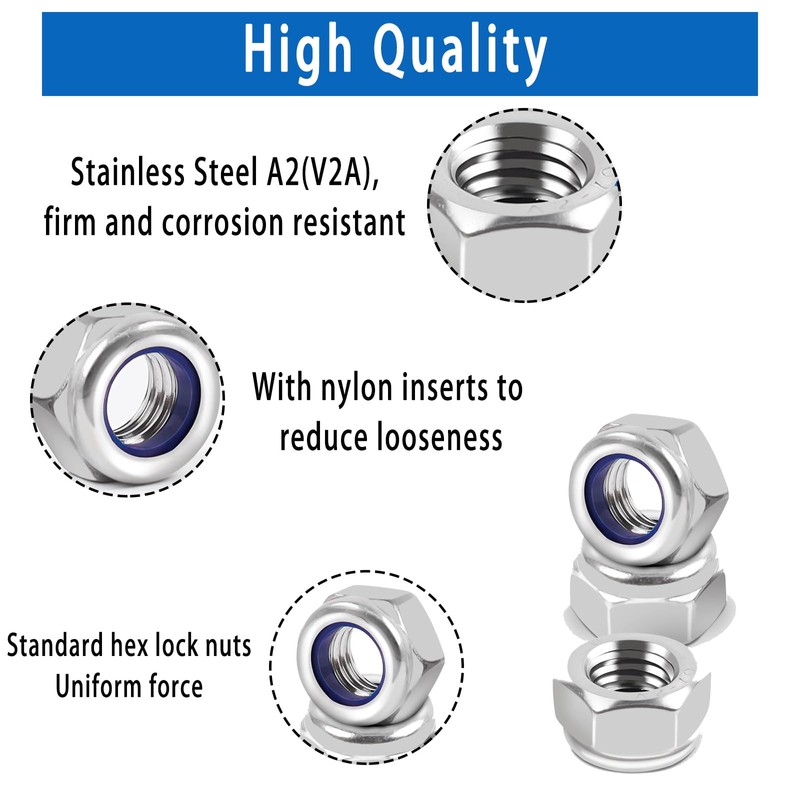 M6 Nylon Insert Lock Nuts, 20pcs 6mm Stainless Steel Hex