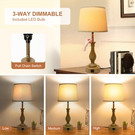 Farmhouse Table Lamp 3-Way Dimmable Table Lamp, Modern Nightstand Lamp with 2 USB Port Pull Chain Bedside Desk Lamp with Fabric Shade for Living Room Bedroom Hotel (Metal-Pack-02)