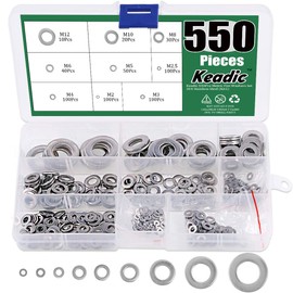 Keadic 550Pcs Flat Washers Set 304 Stainless Steel, 9 Metric Sizes - M2 M2.5 M3 M4 M5 M6 M8 M10 M12 (Kit1)