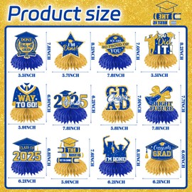 12Pcs Blue and Gold Graduation Decorations Hoenycomb Centerpieces, 2025 Glitter Graduation Decorations Blue and Gold Graduation Table Decorations Congrats Grad Class of 2025 Graduation Table Toppers