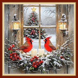 Funxvoot Stamped Cross Stitch Kits for Beginners or Adults Embroidery Starter Patterns | DIY Printed Cross Stitch Kits Needlepoint for Adults or Kids 11CT-Christmas Bird Snow Scene 18x18 inch