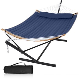 Mansion Home 2 Person Hammock with Stand Included, Outdoor Hammock with Curved Spreader Bar, Pillow and Carrying Bag, 450 Lbs Capacity, Navy Blue