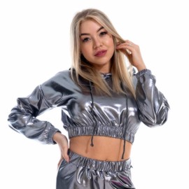 Ypser Holographic Crop Top Hoodies Shiny Metallic Top Rave Outfits For Women